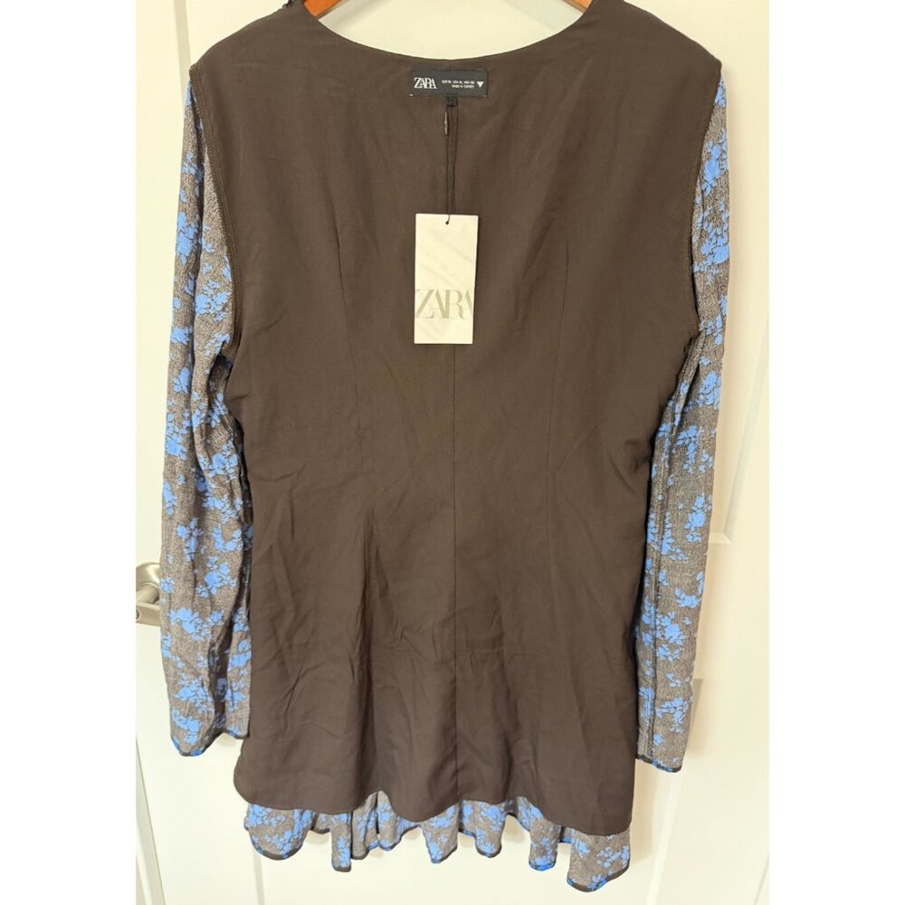 ZARA BLUE DARK BROWN FLORAL PRINT V-NECK MINI RUFFLED HEM DRESS SZ L NWT - Picture 9 of 13